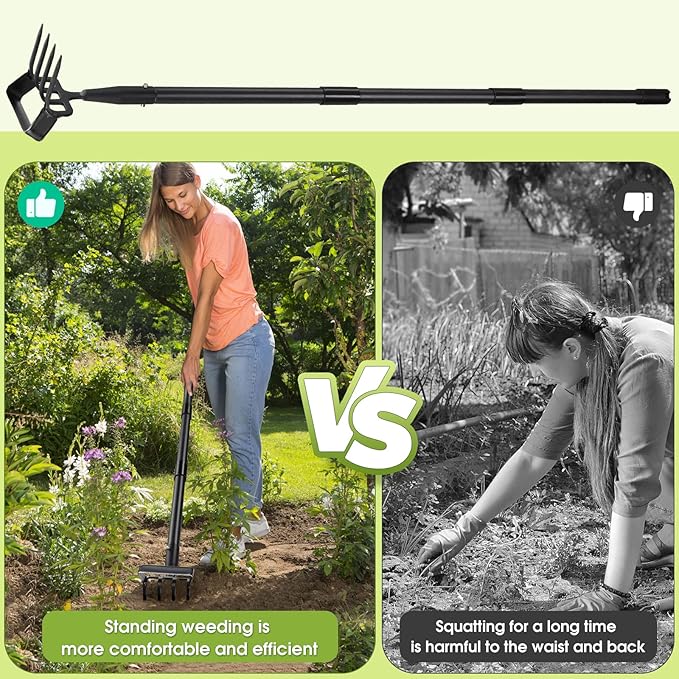 Weed Puller Gardening Tools, Hula Garden Hoe and 4 Tines Rake 2-in-1 Garden Tools for Weeding, Action Stirrup Hoe with 37"-62" Adjustable Long Handle for Lawn,Vegetable Garden Loose Soil and Weeding