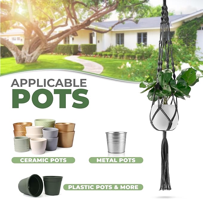 Sorbus Macrame Plant Hanger (4 Pack) Indoor Outdoor Hanging Plant Pots Cotton Rope, Elegant for Home, Patio, Garden (Black)