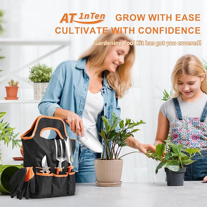 Garden Tool Set with Non Slip Rubber Grip,8 Piece Stainless Steel Gardening Tool Sets,Heavy Duty Outdoor Hand Tools Durable Storage Tote Bag,Uprooting Weeding Tool, Gifts for Women Men(Orange)