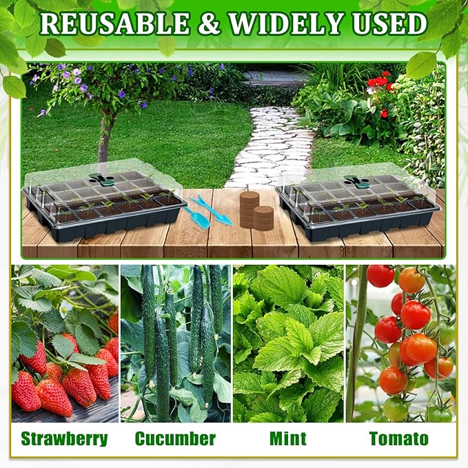 Halatool Seed Starter Kit, 2 Pack Seed Starter Trays with 50 Pcs Coco pellets and 2 Garden Tools & 100 Plant Labels, Greenhouse Indoor Seed Germination System for Herbs, Vegetables and Flowers (Black)