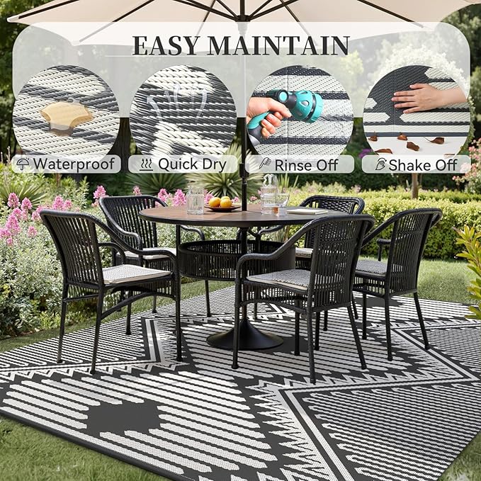 MontVoo Outdoor Rug 9x12 Waterproof Patio Rug-Outdoor Carpet Mat Reversible Plastic Straw Outside Outdoor Rug for RV Camping Picnic Beach Balcony Backyard Pool Deck Porch Modern Boho Grey