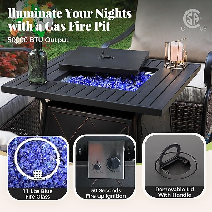 Patio Furniture Set with Fire Pit Table, 5 Pcs Metal Outdoor Conversation Set, 4 Swivel Chairs with 5.75" Extra Thick Cushion and 28" Fire Pit Table for Backyard Deck, Navy Blue
