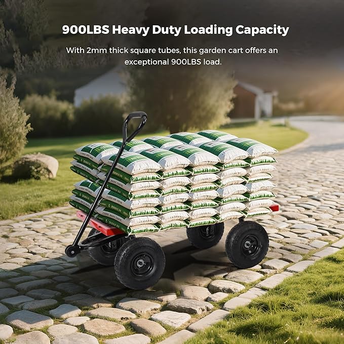 SUNNYFEEL 900 Lbs Capacity Heavy Duty Mesh Steel Garden Cart,Folding Utility Wagon with Removable Side Nets, Non-Slip Rubber Base, Red,Upgraded Version