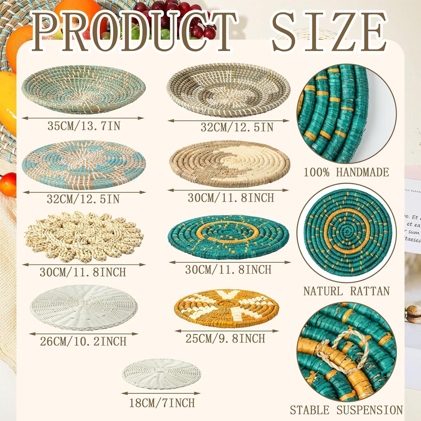 Tatuo 11 Pcs Boho Wall Basket Decor Decorative Bulrush Woven Basket Wall Decor Art Round Farmhouse Hanging Baskets for Kitchen Rustic Home Summer Decorations, Multi Sizes(Bright)