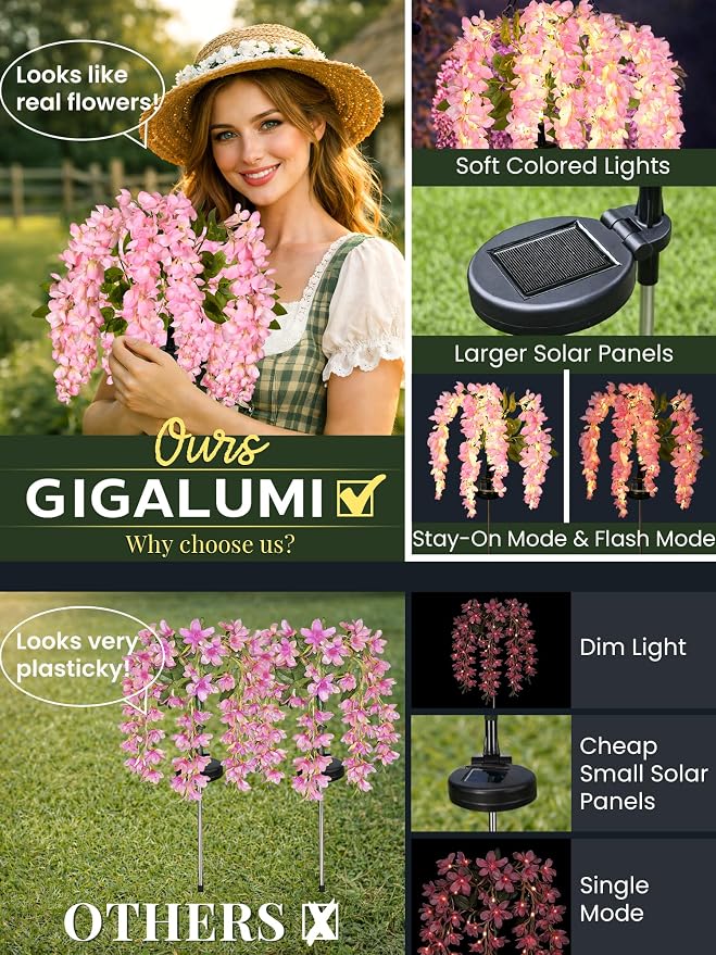 GIGALUMI Solar Lights Outdoor for Garden Decor, 3 Pack Solar Flower Lights - Image 2