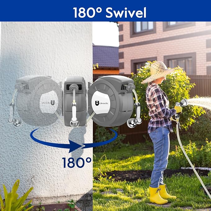 Retractable Garden Hose Reel, 5/8 in x 75 ft Wall Mounted Hose Reel,10-Pattern Spray Nozzle, Any Length Lock/Slow Return System/Wall Mounted/180°Swivel Bracket