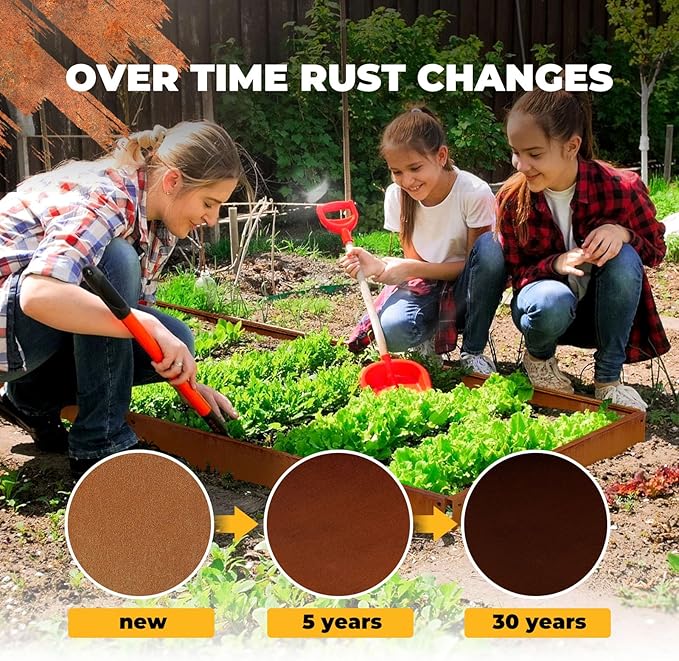 Cortens Steel Garden Metal Landscape Edging 40 inch with Top Bending Protection Pre-Rusted Cortens Steel Garden Edging 8 Inch Depth 90 Degree Bend 6 Pack for Lawn Yard (8 inch-90 Degree Bend, Rusted)