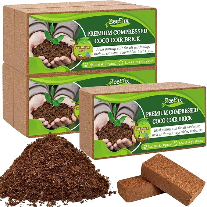 ZeeDix 5 Pack Premium Coco Coir Brick, Organic Compressed Coconut Coir Bricks Seed Starter Potting Soil for Plants, Coconut Fiber Substrate with Low EC & pH Balance for Gardening Flower Herbs