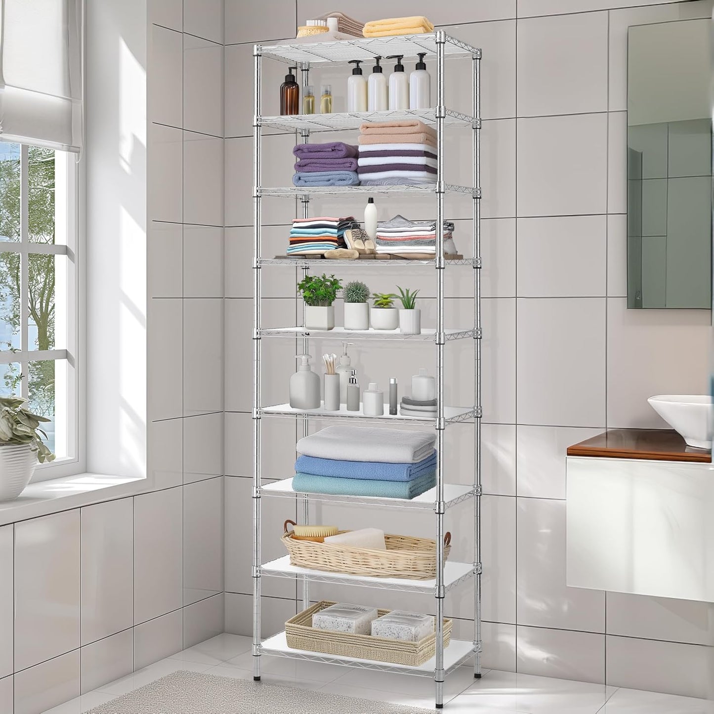 Finnhomy 9-Tier Wire Shelving Unit Adjustable Steel Wire Rack Shelving, 81 Inches Height 9 Shelves Metal Storage Rack, Pantry Shelves for Storage with PE mat, NSF Certified, Chrome