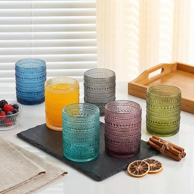 HomeVogue 12oz Colored Hobnail Drinking Glasses Set of 6, Vintage Glassware Old - Image 2
