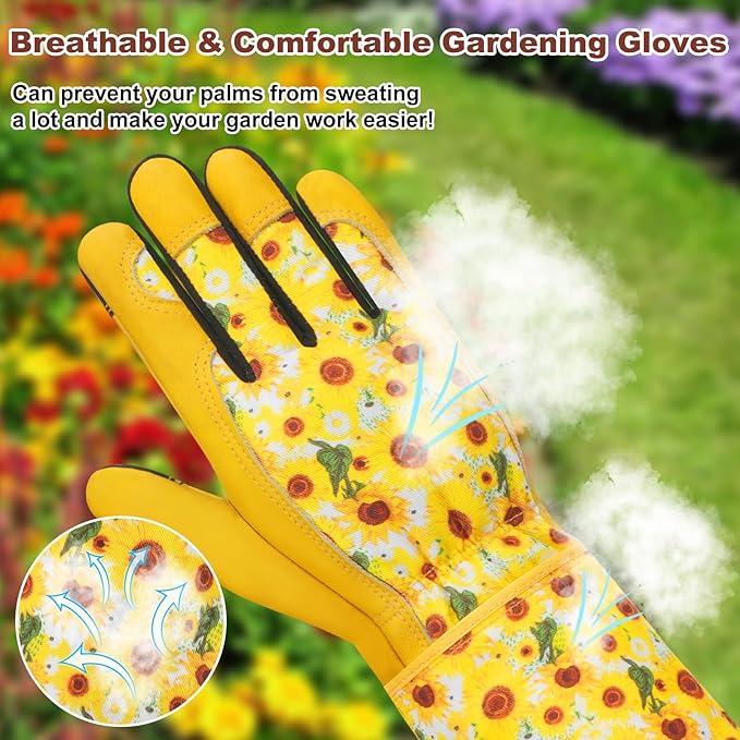 DLY Gardening Gloves for Women, Rose Gloves Gardening Thorn Proof, Long Garden Gloves for Women, Breathable Cowhide Leather Gauntlet (Large, Yellow