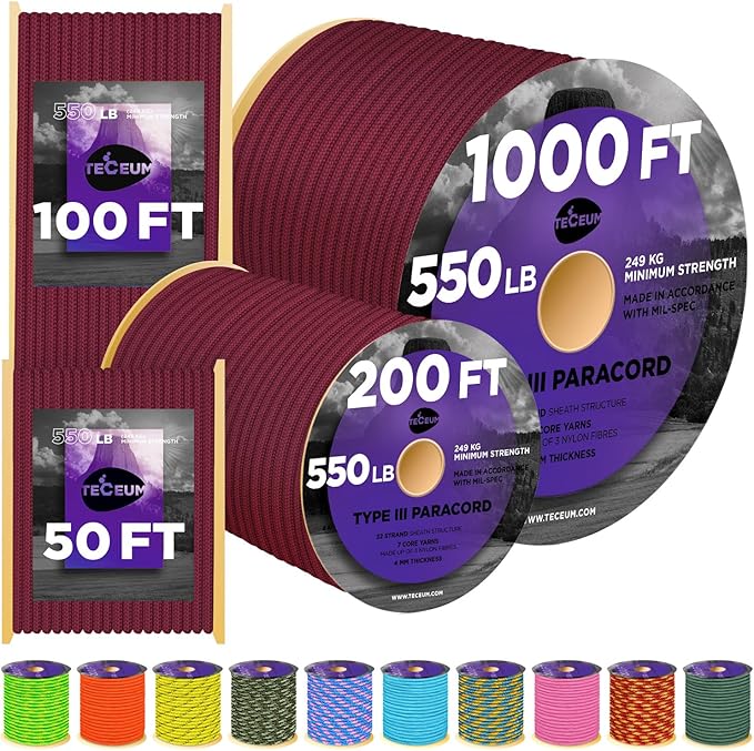 TECEUM Paracord Type III 550 Burgundi – 50 ft – 4mm – Tactical Rope MIL-SPEC – by TECEUM