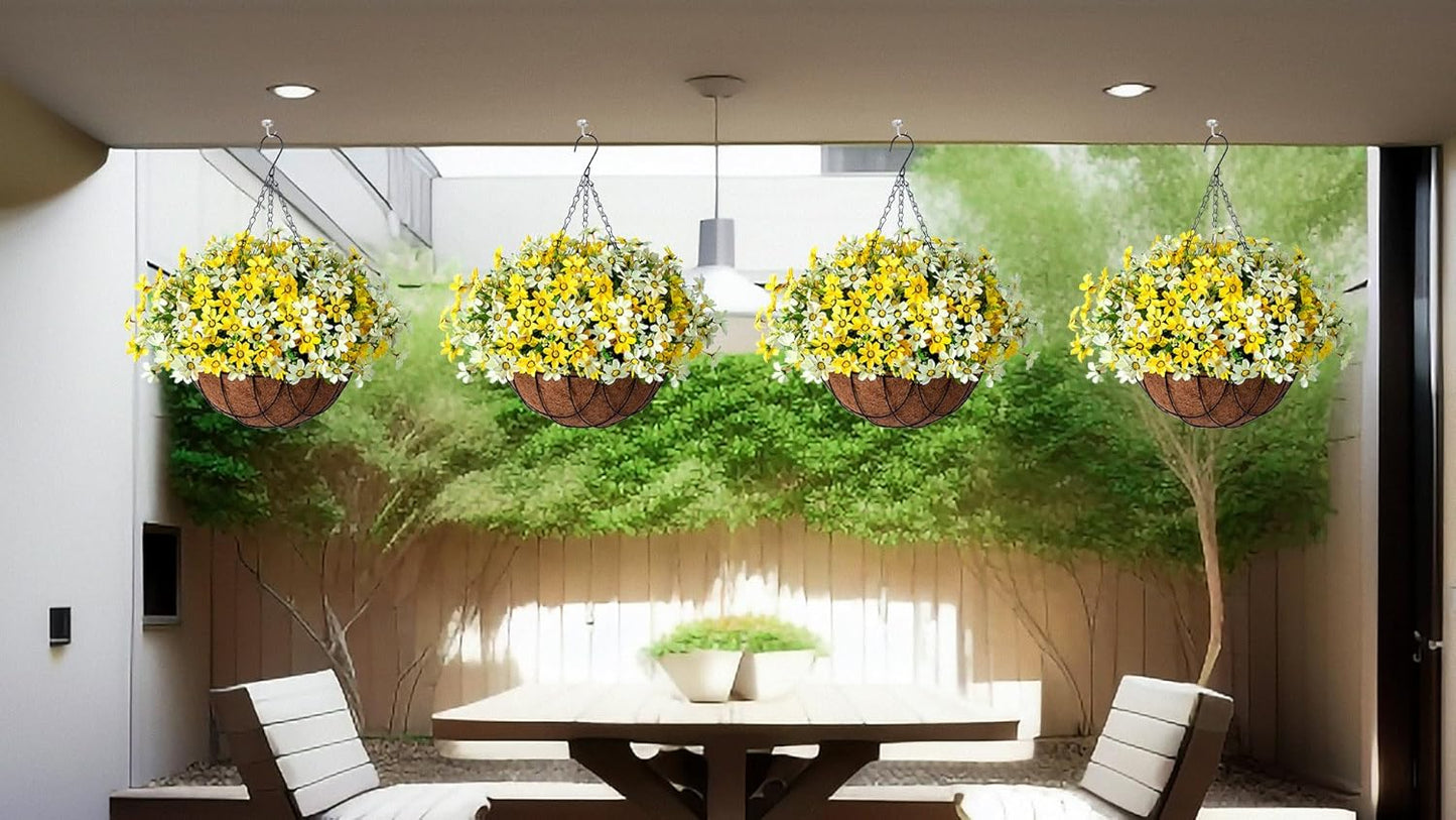 Artificial Silk Flowers Hanging Baskets Outdoors,Chrysanthemum with Eucalyptus Leaves Arrangement for Garden Yard Decor,Faux Plant in Metal Coconut Lining Flowerpot(Yellow)