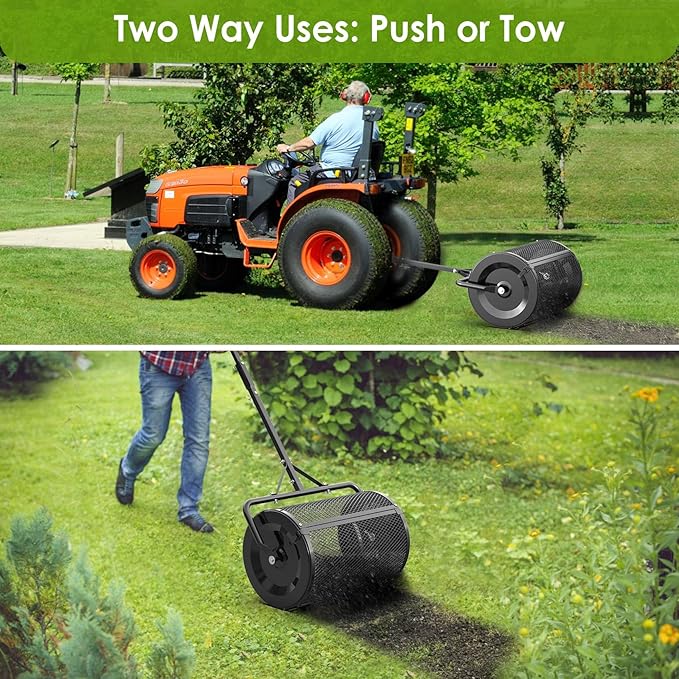 Seeutek Compost Spreader, 24" Peat Moss Spreader with 3 Heights, Top Soil Spreader W/Upgraded Side Latches Support Rod Powder Coated Metal Mesh Top Dressing Spreader for Lawn, 2 Way Uses-Push or Tow