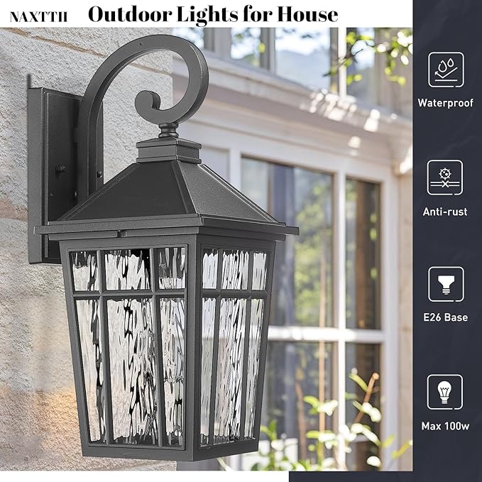 Outdoor Wall Lights 14 Inch Exterior Waterproof Lighting Fixtures Aluminum Material and Water Ripple Glass E26 Socket Black Outdoor Lights for House Garages