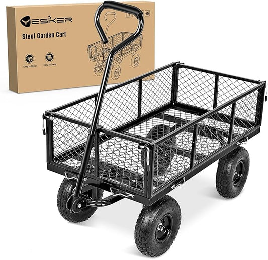 Yesker Steel Garden Carts - 800lbs Dump Wagon with All Terrain Inflatable Wheels for Yard Lawn Farms Gardening - Heavy Duty Utility Outdoor Hauling Wheelbarrow