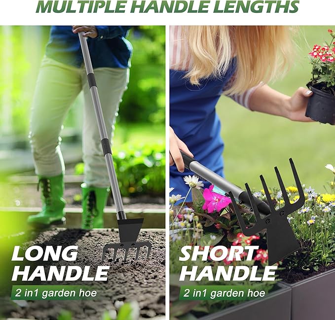 Walensee 2 in 1 Hoe Garden Tool, 63 Inch Garden Hoe Cultivator and 5-Tines Rake with 37-63 Inch Adjustable Long Handle, Weeding Tools Hand Tiller for Yard Lawn Flower Beds Planting Gardening Digging