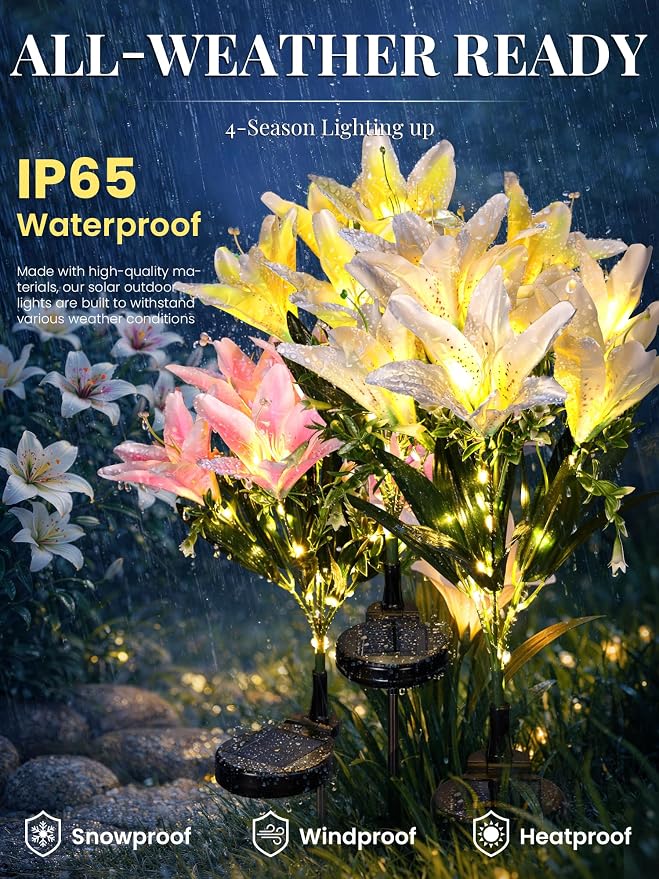 GIGALUMI Solar Garden Lights, 8 Pack LED Lily Garden Decor Carefree Solar - Image 2