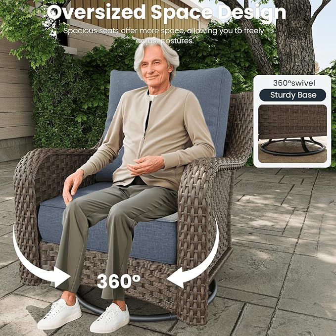 3 Pieces Outdoor Patio Furniture Sets with Rocking Swivel Chairs with 6-inch Thick Cushion and Side Table for Deck Lawn