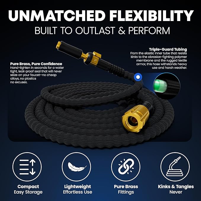 TITAN Flexible Garden Hose 30FT – Ultra Lightweight, Heavy Duty Water Hose with Brass Fittings & Jet Nozzle – Kink-Free, Non-Expanding, Durable Fabric Hose for Yard, Lawn, Car Wash, Outdoor Use