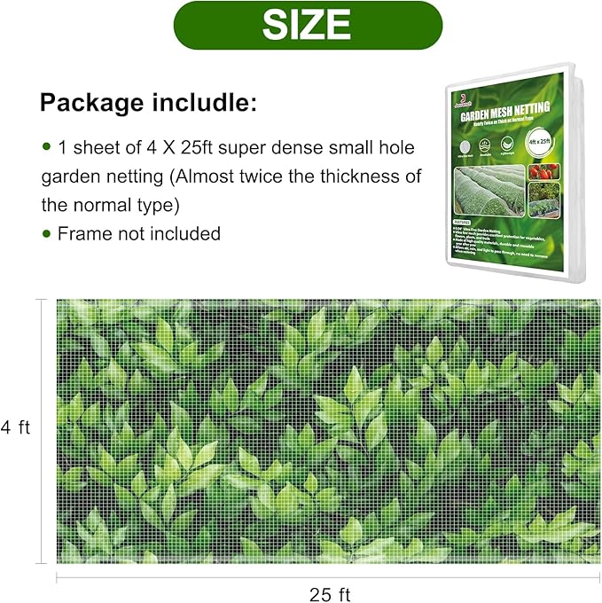 Garden Netting, Jevrench Durable Ultra Fine Garden Netting, Garden Plant Cover Row Cover Makes Plants, Vegetables, Fruits, and Flowers Grow Better (4ft x 25ft)