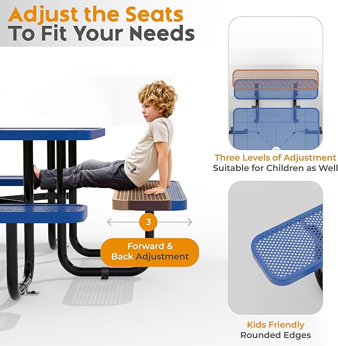 Metal Picnic Tables for Outdoors with Umbrella Hole - Coated Steel Heavy Duty Commercial Grade Table with Adjustable Seats (Blue, 46 in, Square, Punched Steel)