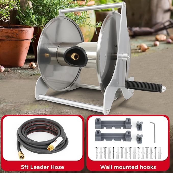 Stainless Steel Garden Hose Reel, Wall Mount or Floor Mounted with 3/4 Inch Brass Fittings Lead hose, 135 Ft Capacity with Crank Handle & portable hose reels for outside