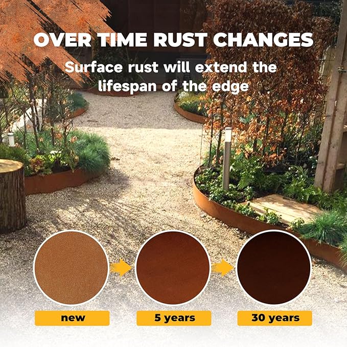 Cor Ten Steel Garden Metal Landscape Edging 40 inch with Top Bending Protection Pre-Rusted Cor Ten Steel Garden Edging 6 Pack Edge for Lawn Yard (10 inch-180 Degree Bend, Rusted)