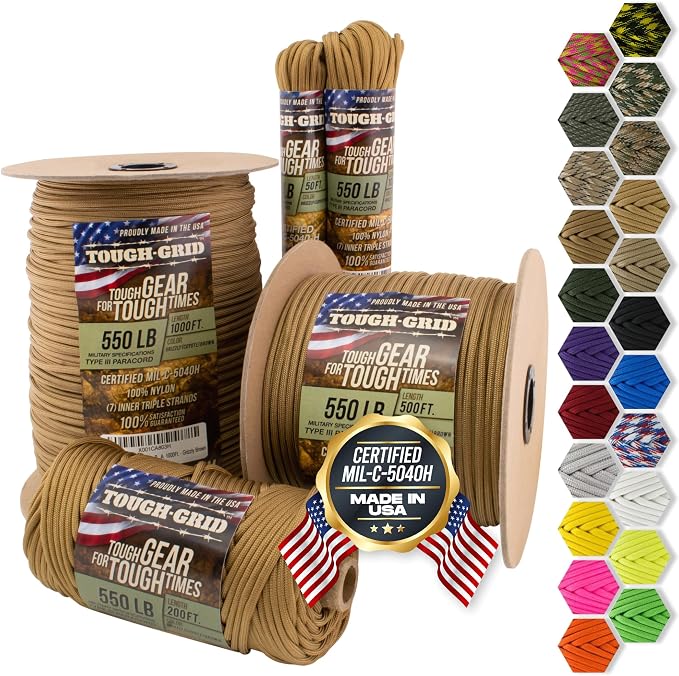 TOUGH-GRID 550 Paracord, Type III Mil-Spec Nylon Rope - 50 Ft Grizzly Brown by TOUGH-GRID