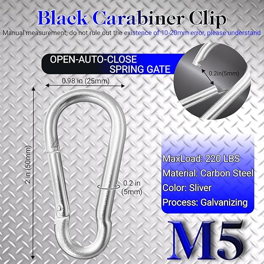 200 Pack 2" Heavy Duty Carabiner Clips, M5 Sliver Galvanized Steel Spring Snap - Image 2