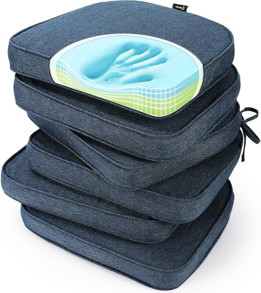 SUNROX Gel Memory Foam Chair Cushions, FadeShield Water-, Stain-Resistant Durable Reversible Seat Cushion Pads with Ties for Indoor/Outdoor Kitchen Dining Office, 17"x16", Set of 6, Heather Indigo