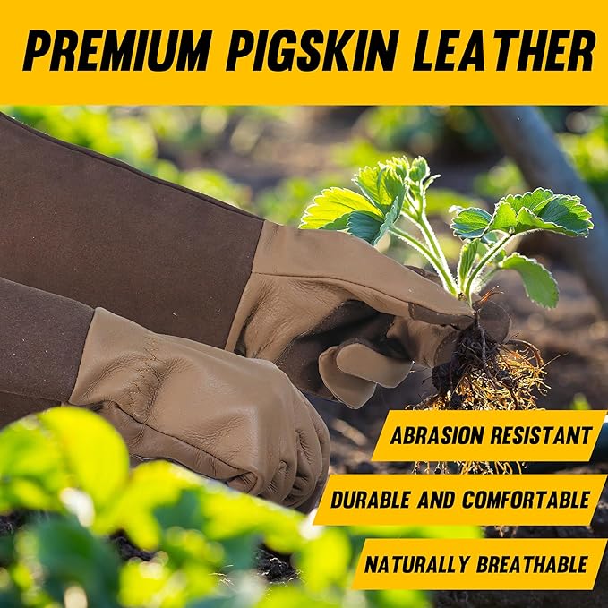 HANDLANDY Long Gardening Gloves for Men & Women, Cowhide Leather Rose Pruning Gloves- Breathable & Durable Gauntlet Glove (Small, Brown)