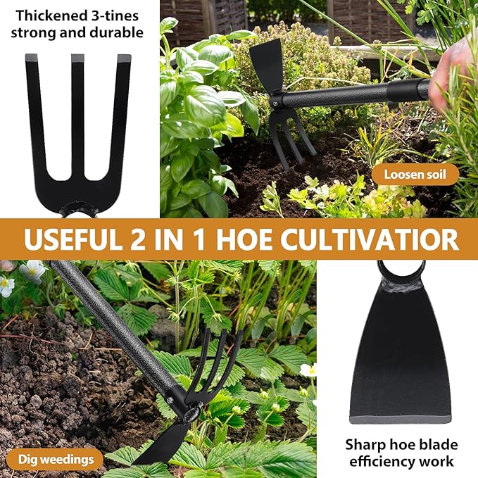 Weeding Tool, Hoe Cultivator 2 in 1 Garden Tools - 31" Heavy Duty Weeder Hand Tiller Weeding Rake for Flower Beds Yard Lawn Gardening Digging Planting