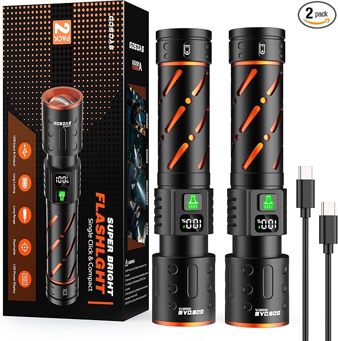 Rechargeable Flashlights High Lumens 100000 2 Pack, Super Bright 30W LED by Gosdas