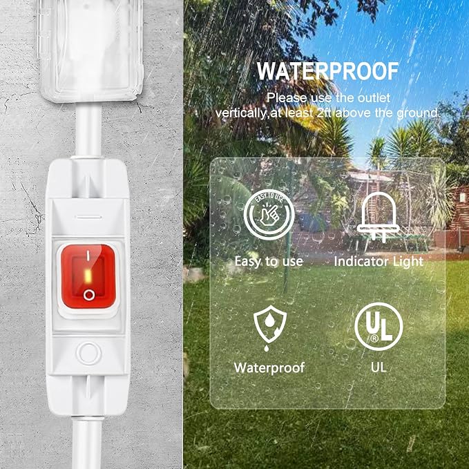 Outdoor Waterproof On/Off Switch Extension Cord, Heavy Duty 125v/250v Black - Image 7