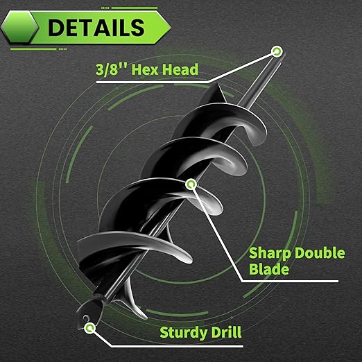 SYITCUN Auger Drill Bit for Planting 3"x16.5" Solid Shaft Garden Spiral Drill Bit for Bulb Bedding, Post Hole Auger for 3/8” Hex Drive Drill