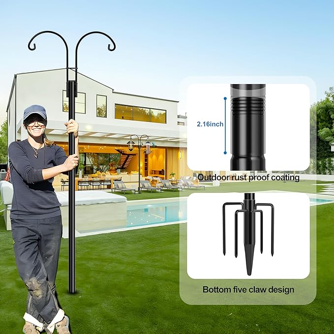 Ottsuls Bird Feeder Pole, 2 Pack 108 INCH Double Shepherds Hooks for Outdoor, Garden Pole with 5 Base Prongs Heavy Duty Planter Hooks for Hanging Plant Baskets, Lantern, Hummingbird Feeder