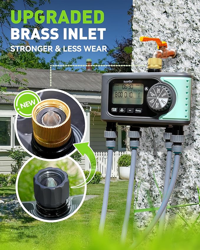 RAINPOINT Sprinkler Timer, 4 Outlets Hose Timer with Brass Inlet with Rain Delay/Manual/Automatic Controller System, Programmable Digital for Lawn Yard, 4 Zone