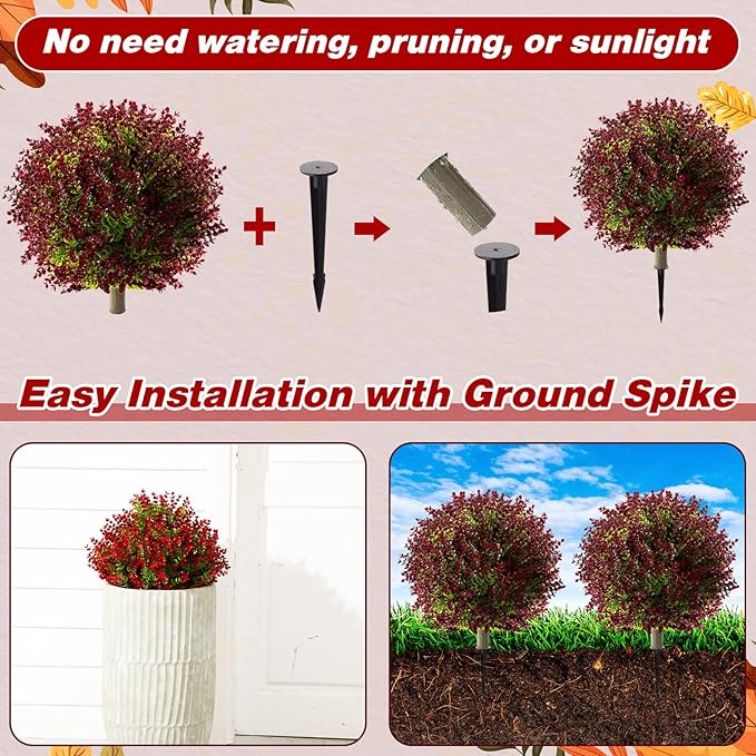Yunlly 4 Pcs 18 Inch Artificial Boxwood Ball Topiary Tree Fake Outdoor Plants Bush, UV Resistance Faux Shrub with Spike Realistic Greenery Potted for Indoor Garden Yard Porch Patio Decor (Purple Red)