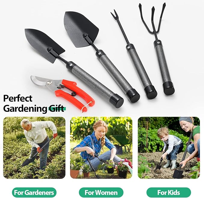 Garden Tool Set,5 Pieces Stainless Steel Heavy Duty Gardening Tool Set with Extendable Long Handle, Include Trowel, Cultivator, Hand Weeder, Pruning Shears, Gardening Gift for Women Kids Men