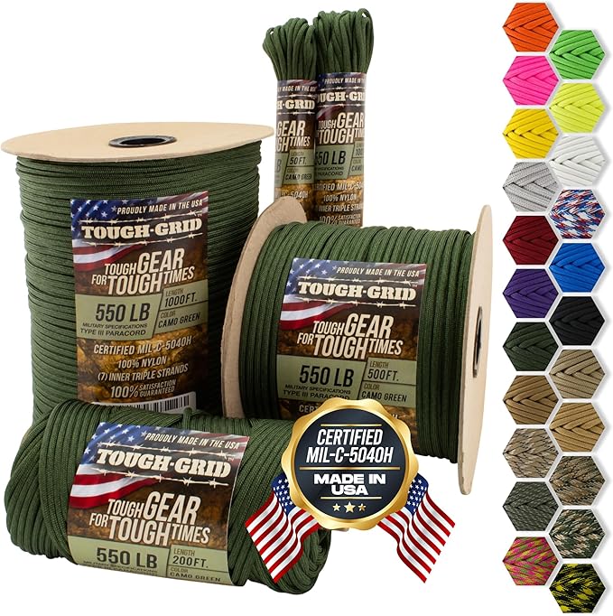 TOUGH-GRID 550 Paracord, Type III Mil-Spec Nylon Rope - 200 Ft Camo Green by TOUGH-GRID