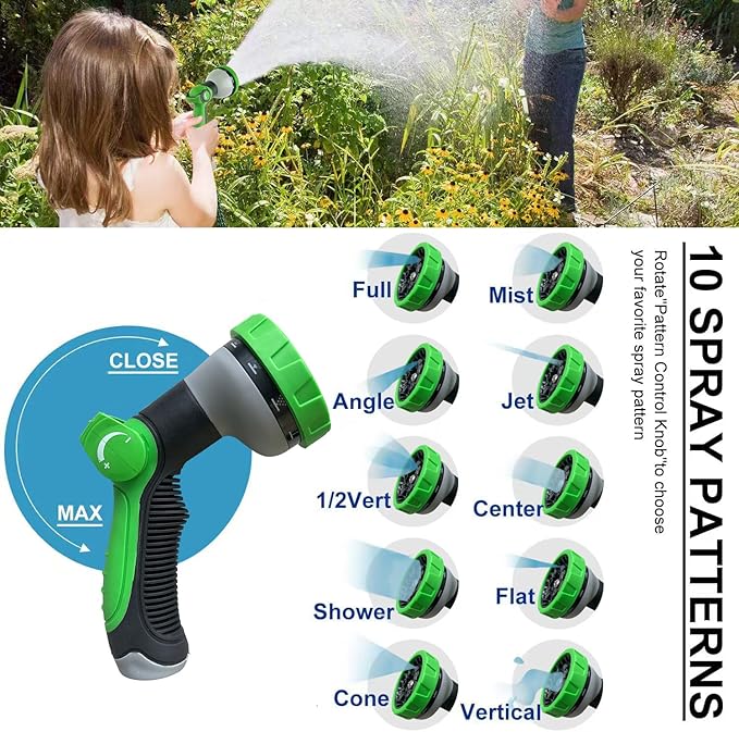 Non-Expanding Garden Hose 100Ft, Flexible Kink Free Water Hose with 10 Watering Spray Nozzle, Lightweight Hose Pipe, Leak-Proof, Durable, 3/4" Metal Alloy Connector, Portable Storage Strap