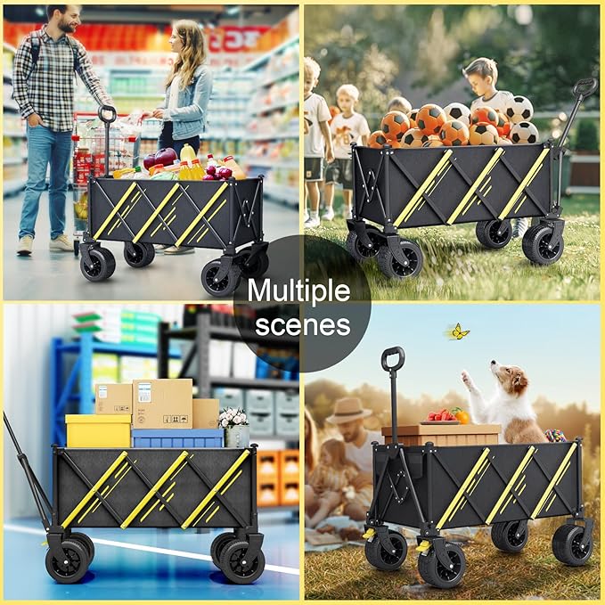 Wagons carts Foldable，Collapsible Wagon Foldable Wagon, Gather Heavy Duty Garden cart, Portable cart，Pets carts，with Large All-Terrain Beach Wheels and Drink Holder for Sports, Shopping, Camping