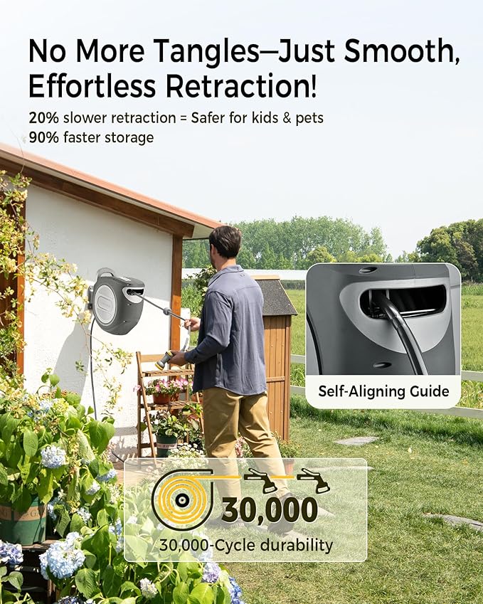 Retractable Garden Hose Reel 5/8 in x 75 ft Upgraded UV Resistant Heavy Duty Automatic Hose Reel Wall Mount 3/4 in Brass Fitting 9 Pattern Nozzle Any Length Lock Slow Retraction 180° Swivel