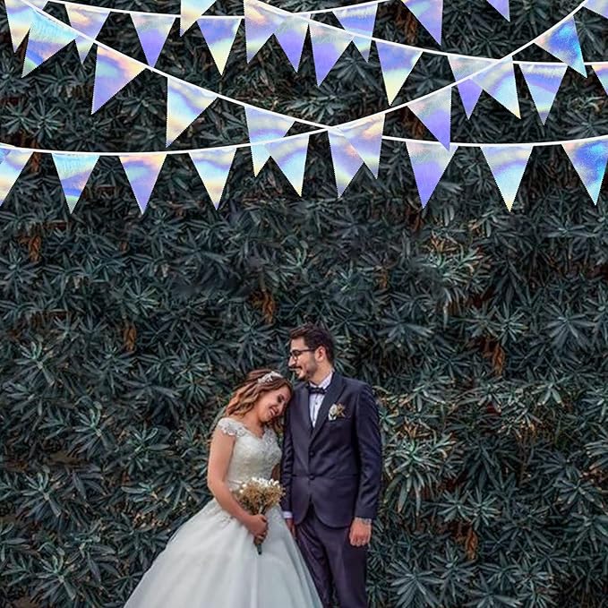 33Ft Iridescent Party Decoration Holographic Fabric Triangle Pennant Banner Flag Cotton Bunting Garland for Birthday Wedding Bridal Shower Bachelorette Engagement Disco Euphoria Galaxy Party Supplies