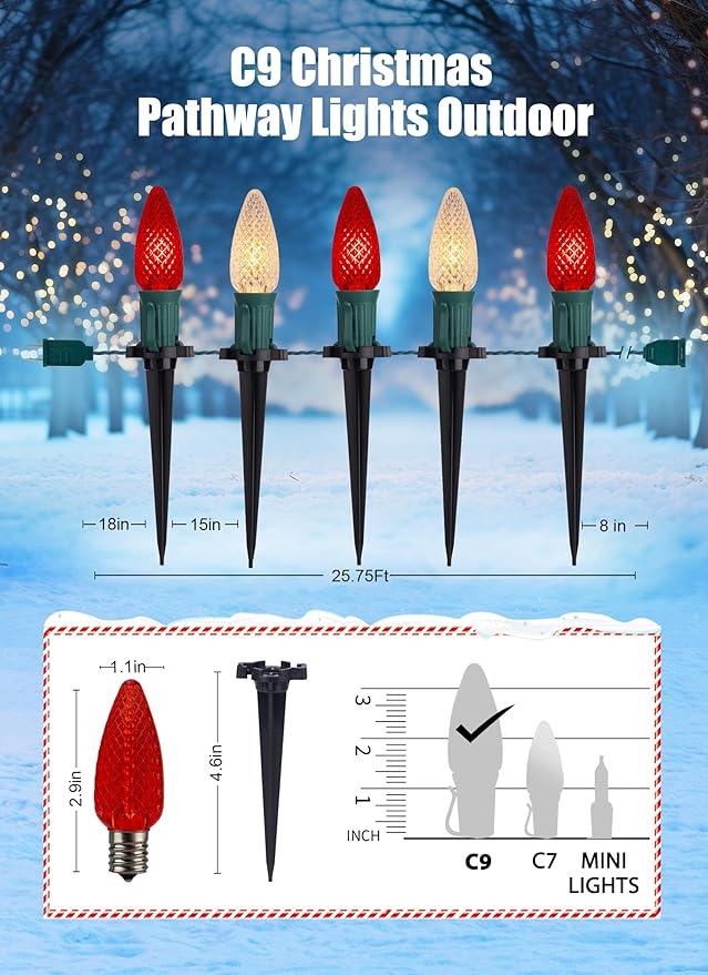 C9 LED Christmas String Lights Outdoor, 26 Feet 20 LED Christmas Pathway Lights with 20 Plastic Stakes, Connectable Waterproof for Driveways Xmas Holiday Patio Decoration, Red and Warm White