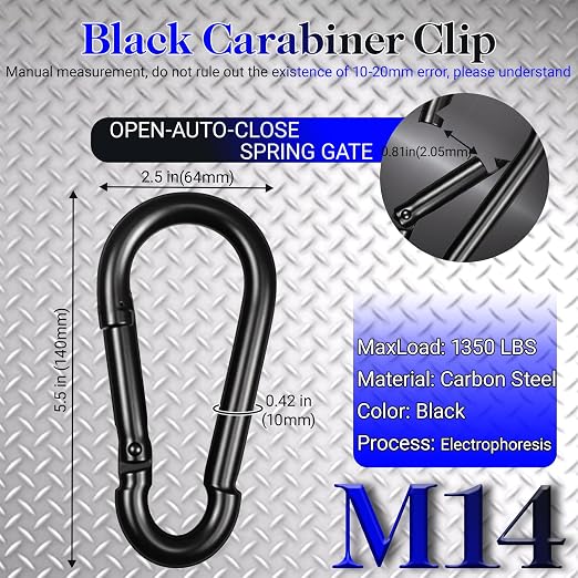 12 Pack 5.5" Heavy Duty Carabiner Clips, M14 Black Galvanized Steel Spring Snap - Image 2