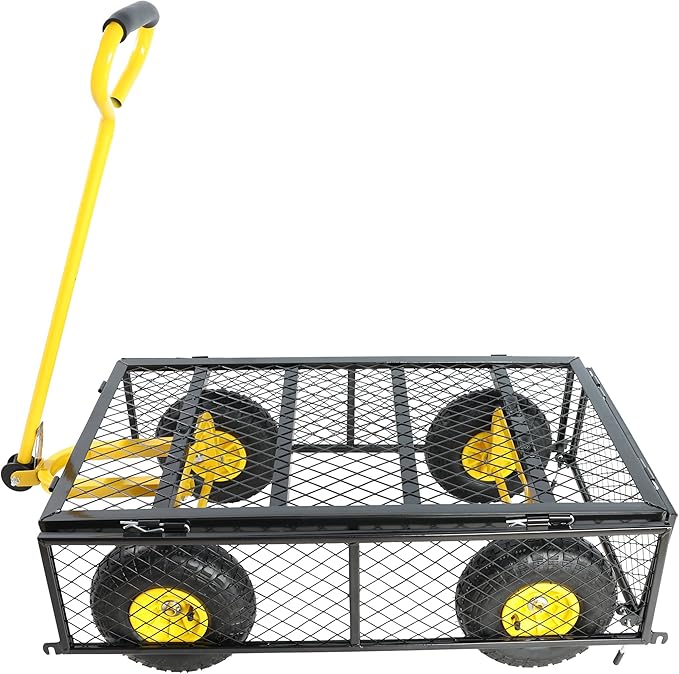 Wagon Removable Sides - Farm, Warehouse, Yard Dump Cart - Yellow+Black Air Wheels