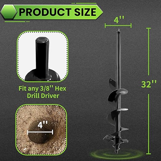 SYITCUN Auger Drill Bit for Planting - 4"X32" Heavy-Duty Post Hole Auger - Auger Post Hole Digger for Fence- 3/8" Hex Drive Drill