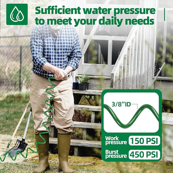 3/8" Lightweight Coil Garden Hose 75FT, EVA Flexible Curly Water Pipes with 6-Pattern Spray Nozzle for Boat, Greenhouse, Yard, Patio, Green